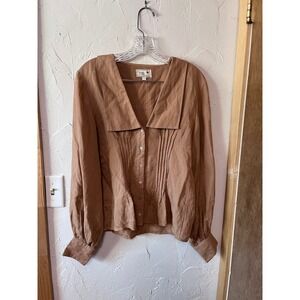 Mille Resort Travel Brown Linen Blend Pintuck Collar Button Up Blouse Size S